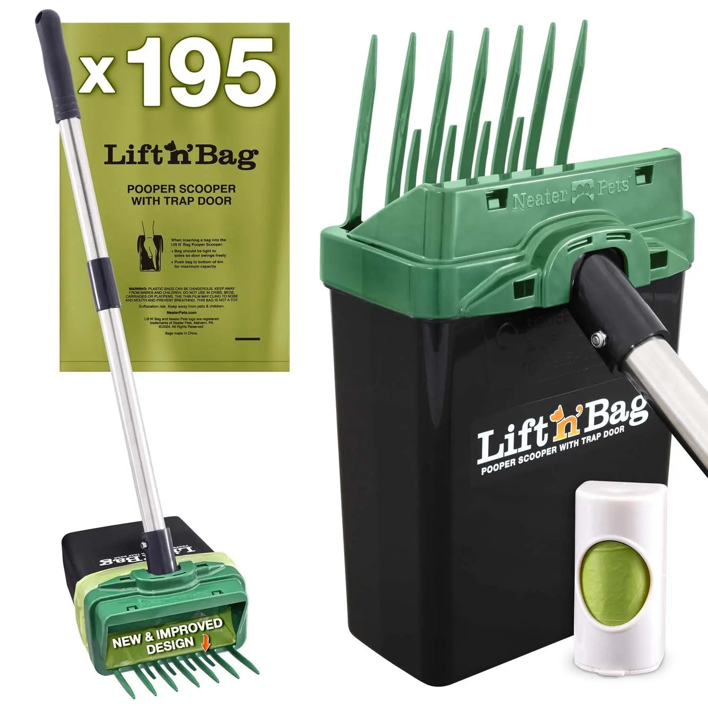 Neater Pets Lift N' Bag Dog Pooper Scooper 2.0 - 22-Inch Pole with Scoop-To-Bag Design, One-Handed Operation, Extra-Large Bags, Made in the USA