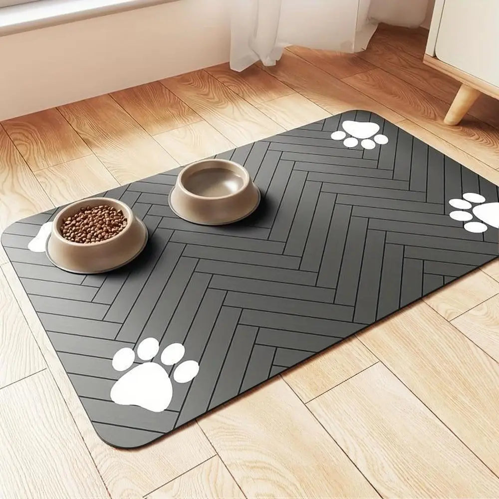 Absorbent Quick-Drying Pet Feeding Mat for Dogs and Cats with Non-Slip Rubber Base and Dark Polyester Surface for Indoor Use
