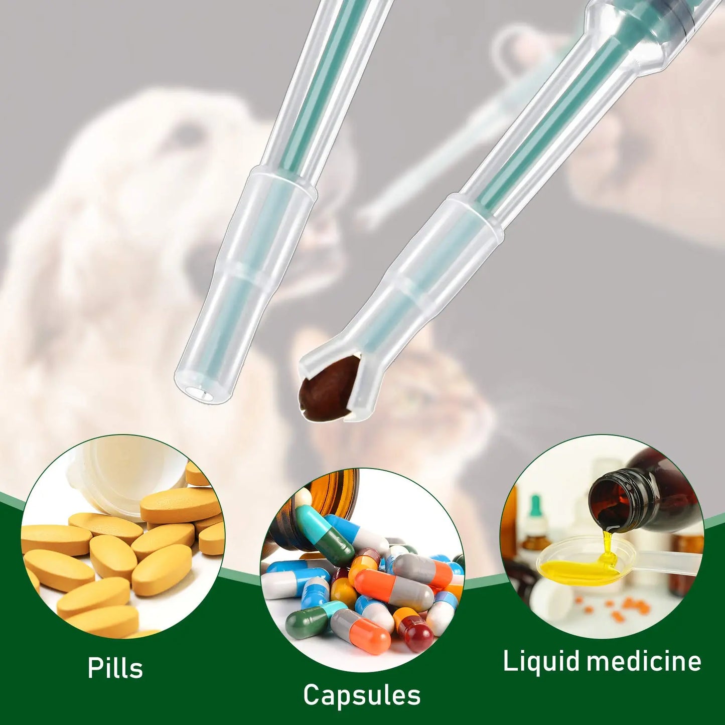 Pet Pill Plunger Dispenser Set for Small Cats and Dogs - Soft Tip Tablet Syringe Pusher in Green, Red, and Blue