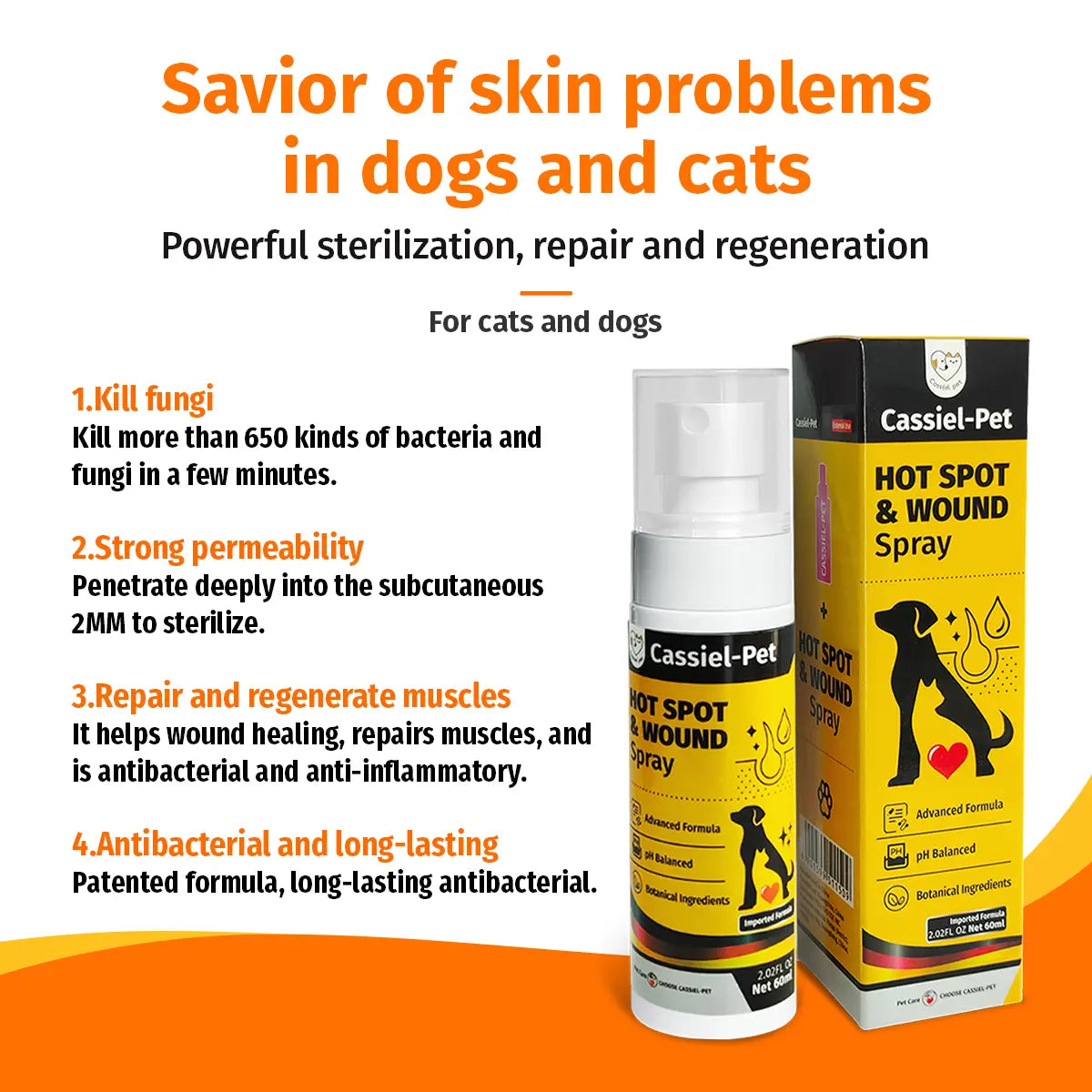 Cassiel Pet Hot Spot and Wound Relief Spray for Dogs and Cats - Natural Soothing Formula for Clean, Soft Skin and Reduced Itching - Enhanced Packaging