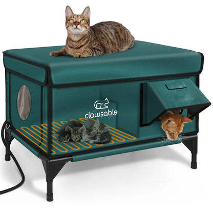 Clawsable Indestructible Heated Outdoor Cat House - 100% Waterproof, Fully Insulated Shelter with Safe Escape Door for Feral Cats and Kittens in Winter