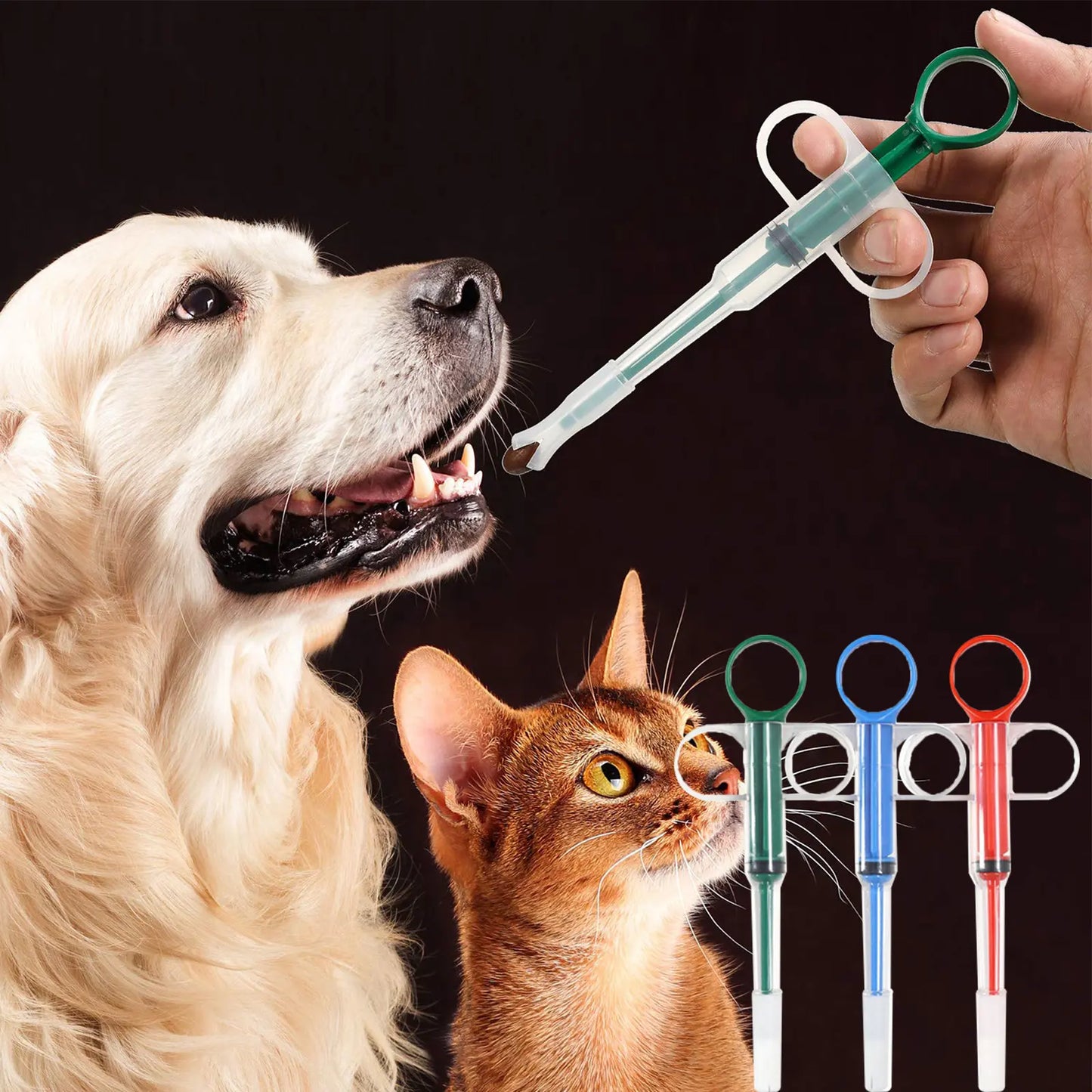 Pet Pill Plunger Dispenser Set for Small Cats and Dogs - Soft Tip Tablet Syringe Pusher in Green, Red, and Blue