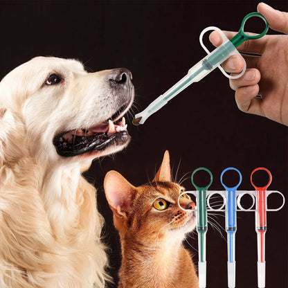 Pet Pill Plunger Dispenser Set for Small Cats and Dogs - Soft Tip Tablet Syringe Pusher in Green, Red, and Blue