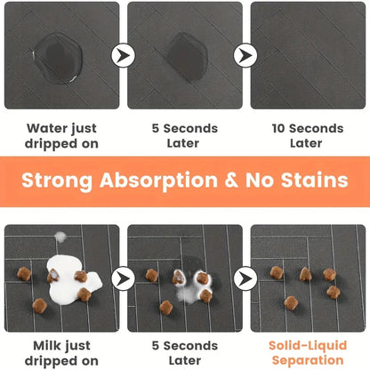 Absorbent Quick-Drying Pet Feeding Mat for Dogs and Cats with Non-Slip Rubber Base and Dark Polyester Surface for Indoor Use