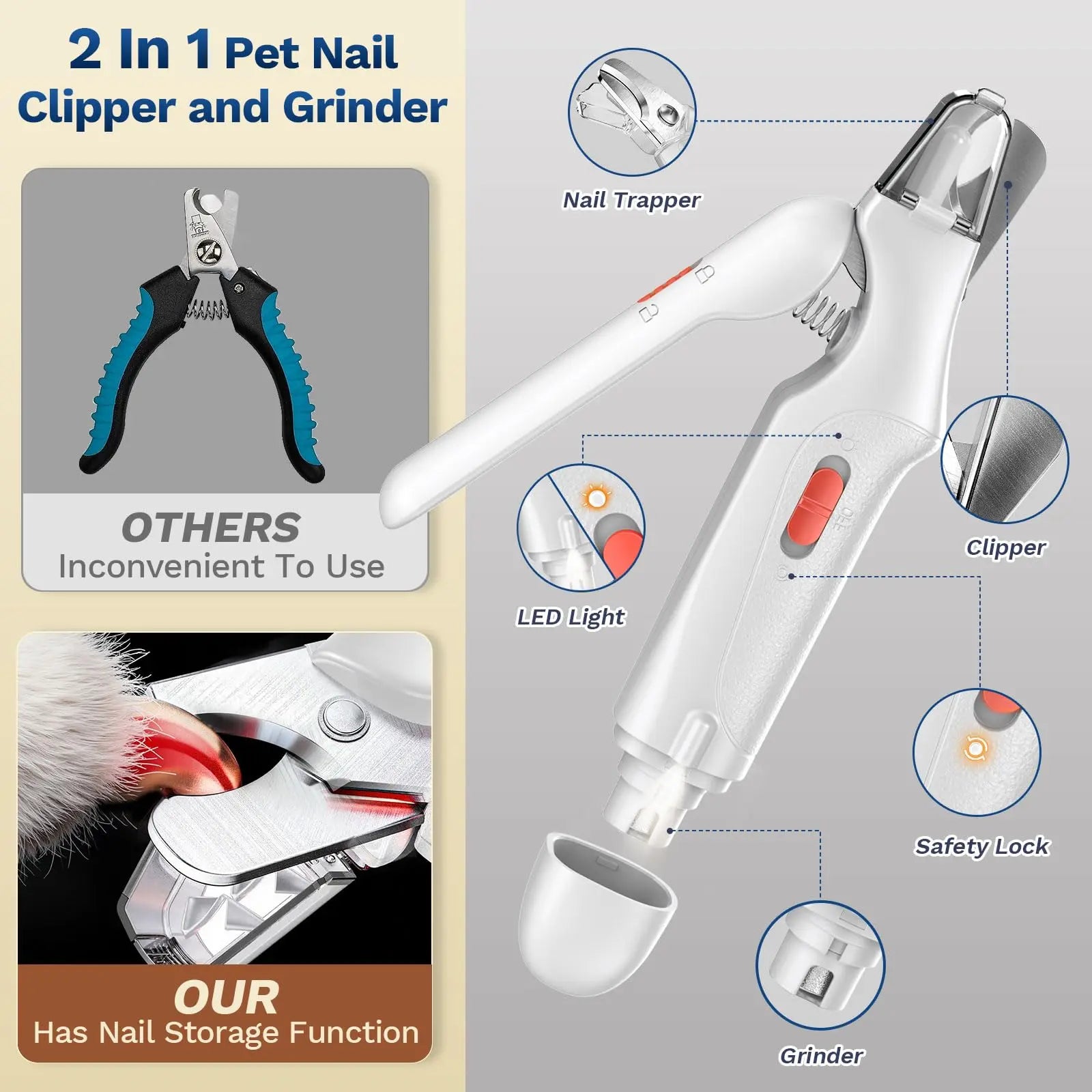 Catpick 2-in-1 Electric Pet Nail Clipper and Grinder with LED Light, Rechargeable and Ultra Quiet Grooming Tool for Dogs and Cats of All Sizes