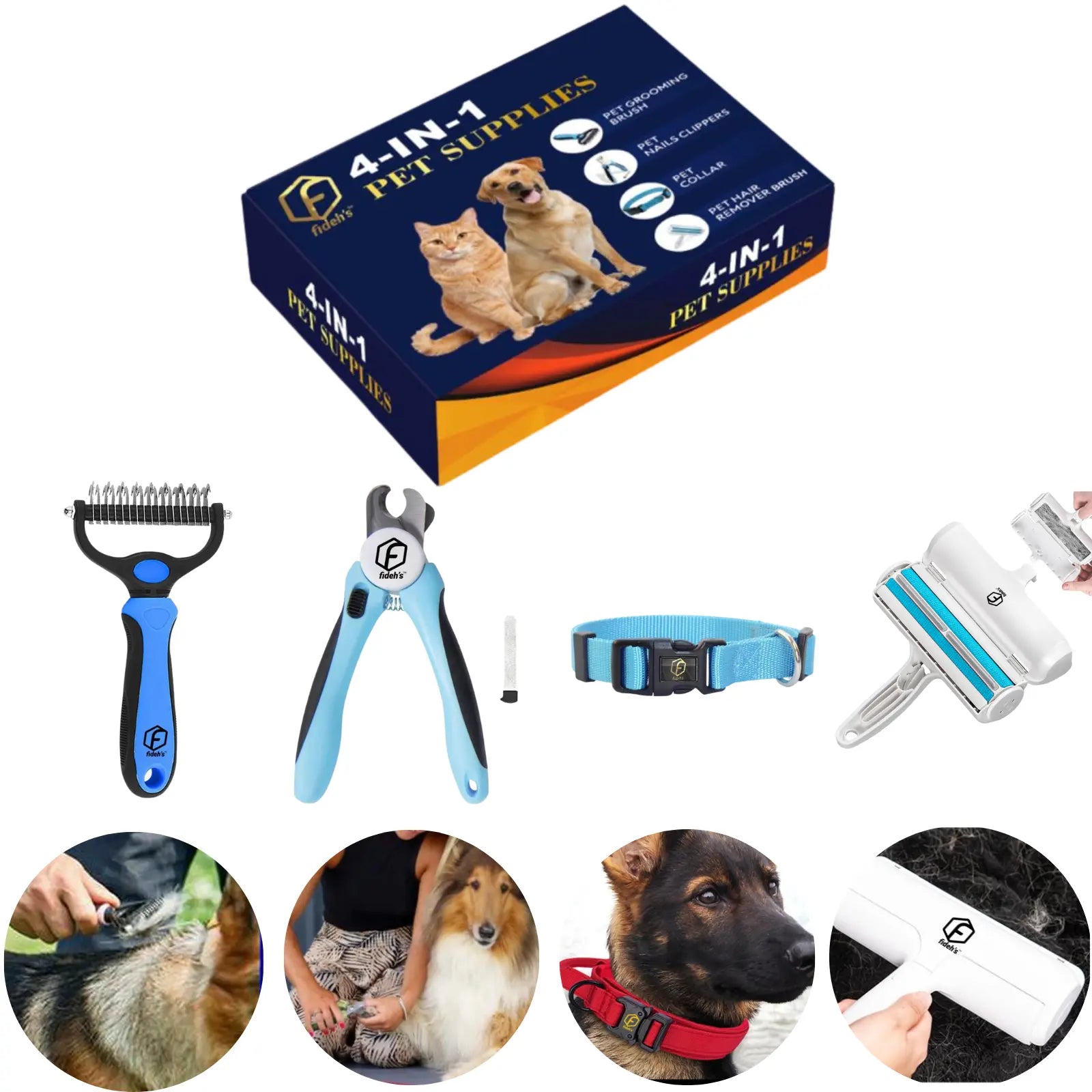 FIDEH 4-Piece Pet Grooming Set: Reusable Cat and Dog Hair Remover Brush, Double-Sided Shedding Brush, Nail Clippers and Trimmers, and Nylon Collar for Medium Dogs (Pink)