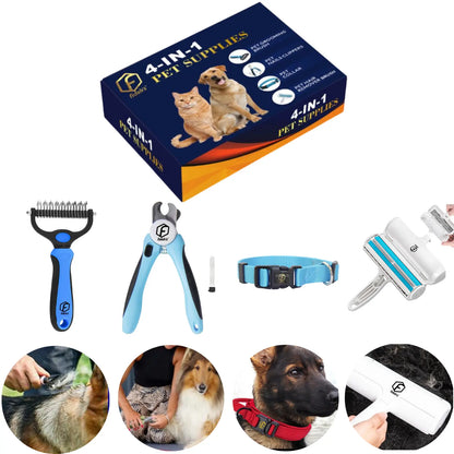 FIDEH 4-Piece Pet Grooming Set: Reusable Cat and Dog Hair Remover Brush, Double-Sided Shedding Brush, Nail Clippers and Trimmers, and Nylon Collar for Medium Dogs (Pink)