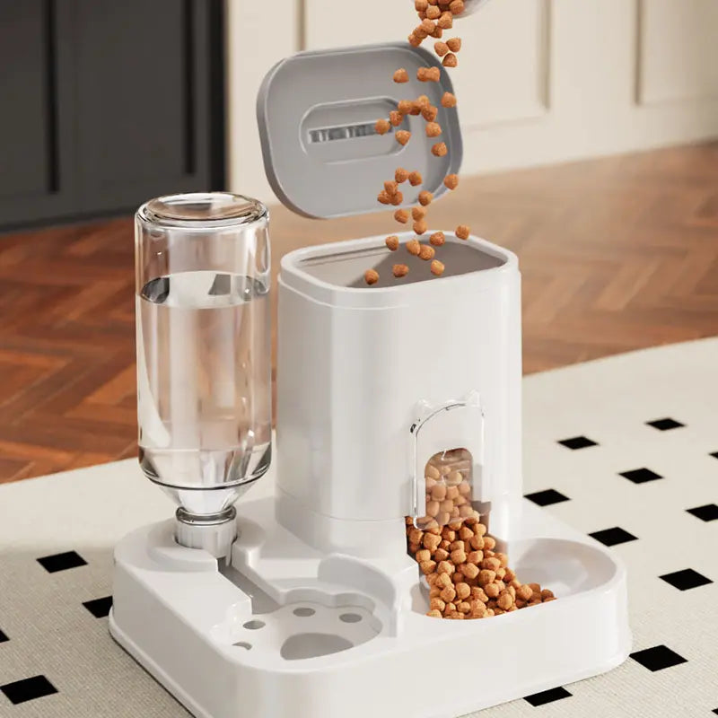 Cat Water Dispenser with Integrated Food Basin - Battery-Free, Modern White Design for Easy Cleaning and Hydration, Ideal for Small Dogs, Durable and Sturdy Pet Hydration Solution