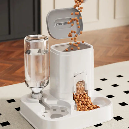 Cat Water Dispenser with Integrated Food Basin - Battery-Free, Modern White Design for Easy Cleaning and Hydration, Ideal for Small Dogs, Durable and Sturdy Pet Hydration Solution