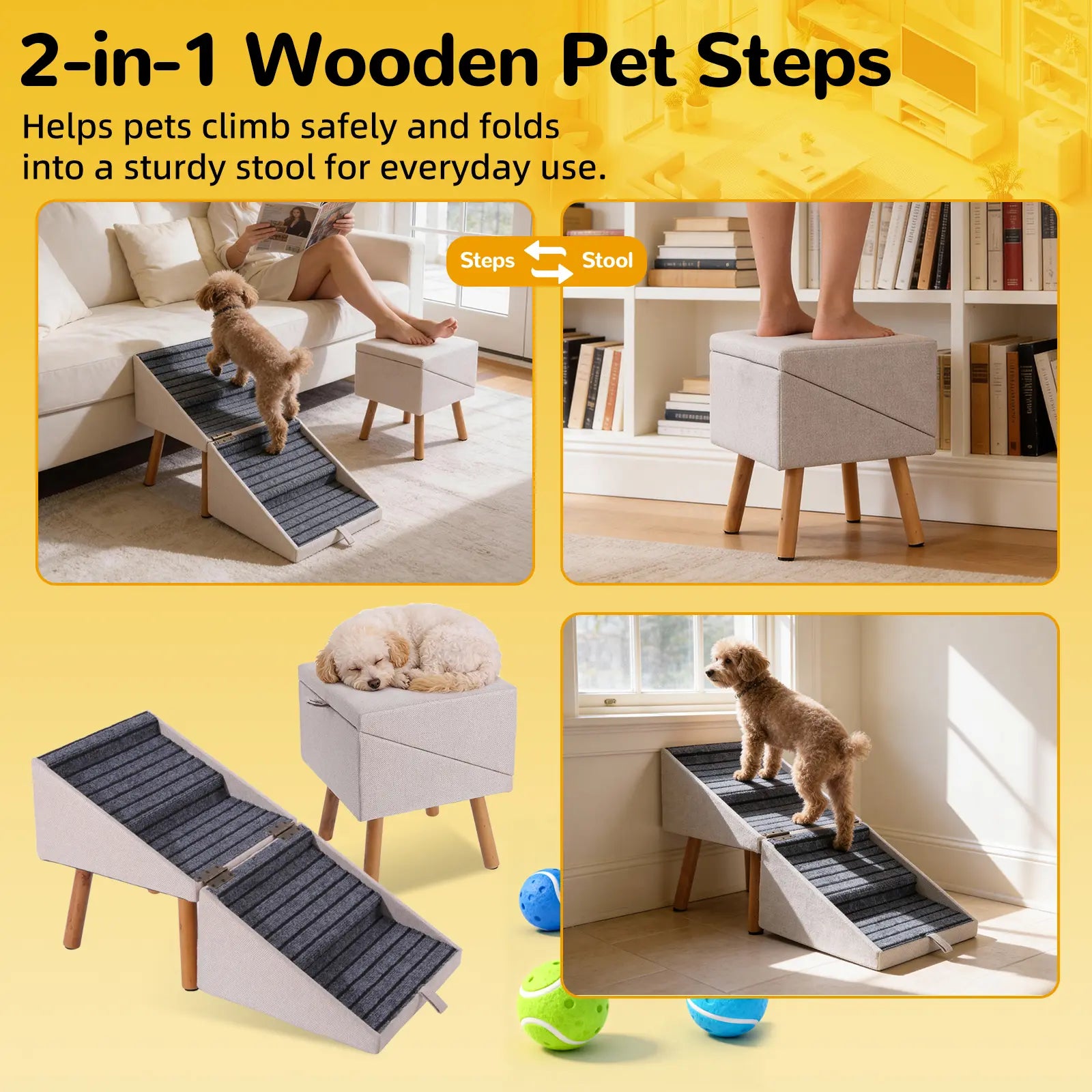 17-Inch Wooden Dog Stairs Ramp for Couch | Ziluce Convertible Ottoman Ramp for Sofa or Short Bed | Ideal for Senior, Small, and Medium Dogs, Including Dachshunds | 2-In-1 Home Step Stool with Wooden Base