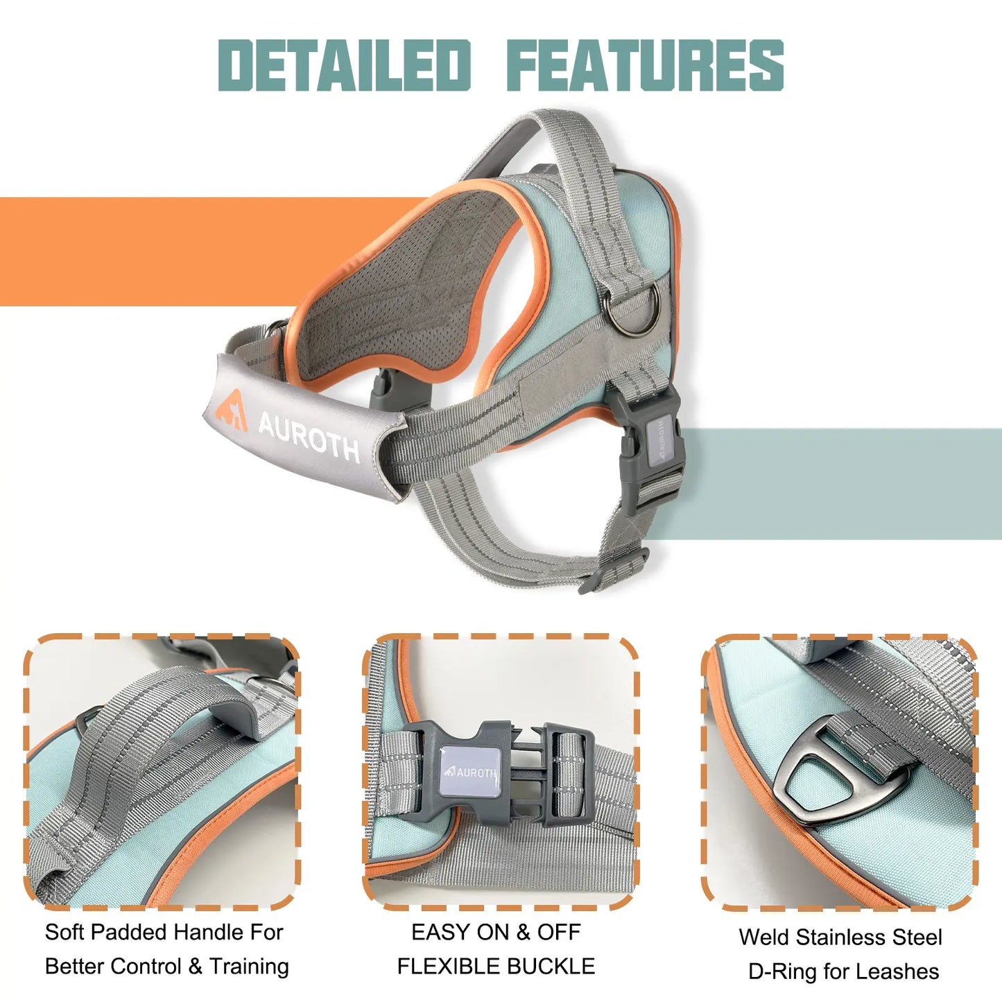 Auroth No-Pull Dog Harness with Safety Straps – Soft Padded Service Vest, Reflective and Adjustable, Easy On & Off – Perfect for Walking and Training, Suitable for Small, Medium, and Large Dogs
