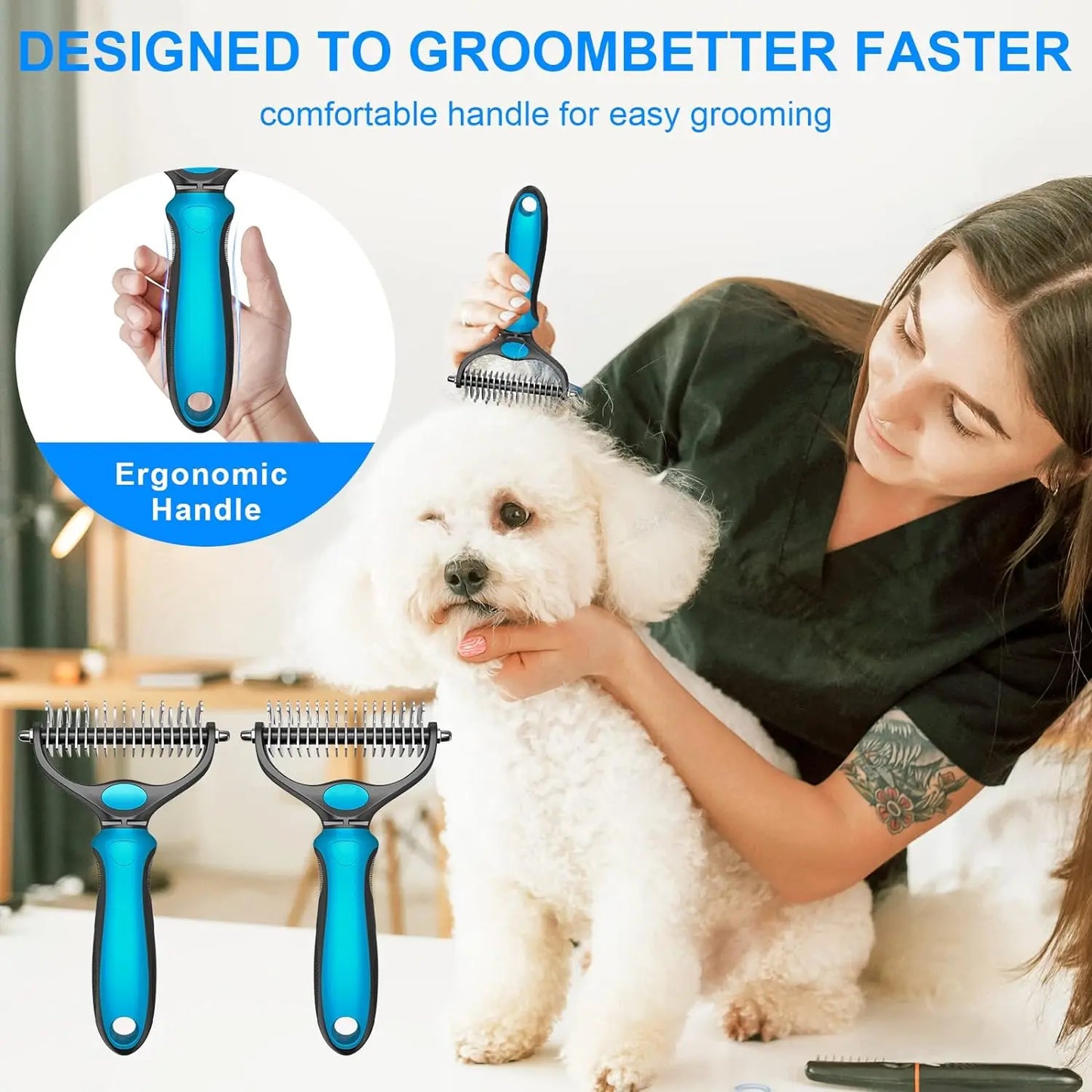 Professional Pet Grooming Brush - Double-Sided Shedding and Dematting Undercoat Rake Comb for Dogs and Cats, Eliminates Shedding and Loose Hair