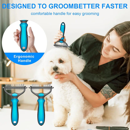 Professional Pet Grooming Brush - Double-Sided Shedding and Dematting Undercoat Rake Comb for Dogs and Cats, Eliminates Shedding and Loose Hair