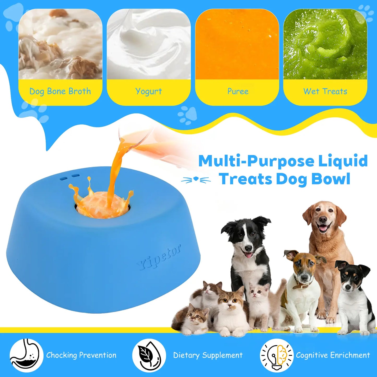 Yipetor Slow Feeder Dog Bowl with Integrated Rolling Ball for Liquid Treats, Spill-Resistant Bone Broth Licking Bowl, Versatile Puppy Yogurt Feeder Suitable for All Breeds and Dietary Supplements
