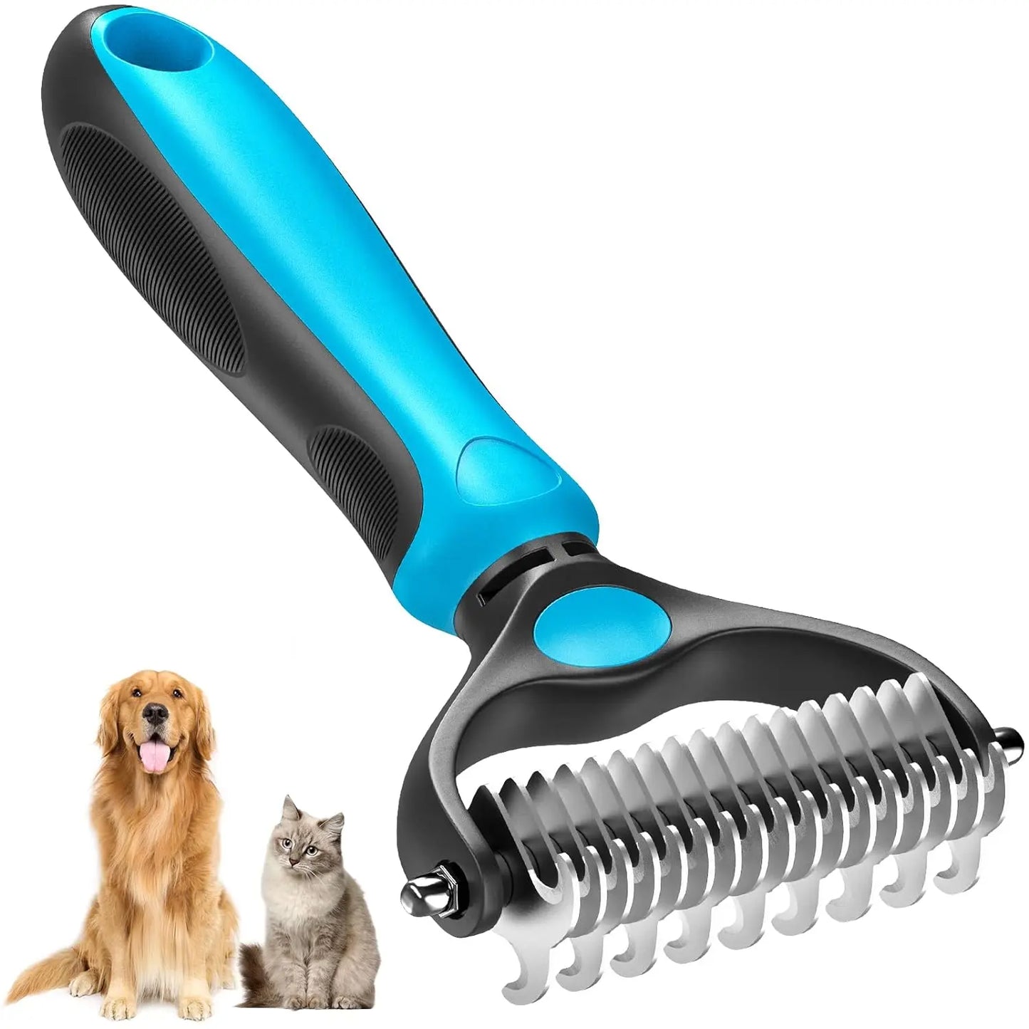 Professional Pet Grooming Brush - Double-Sided Shedding and Dematting Undercoat Rake Comb for Dogs and Cats, Eliminates Shedding and Loose Hair